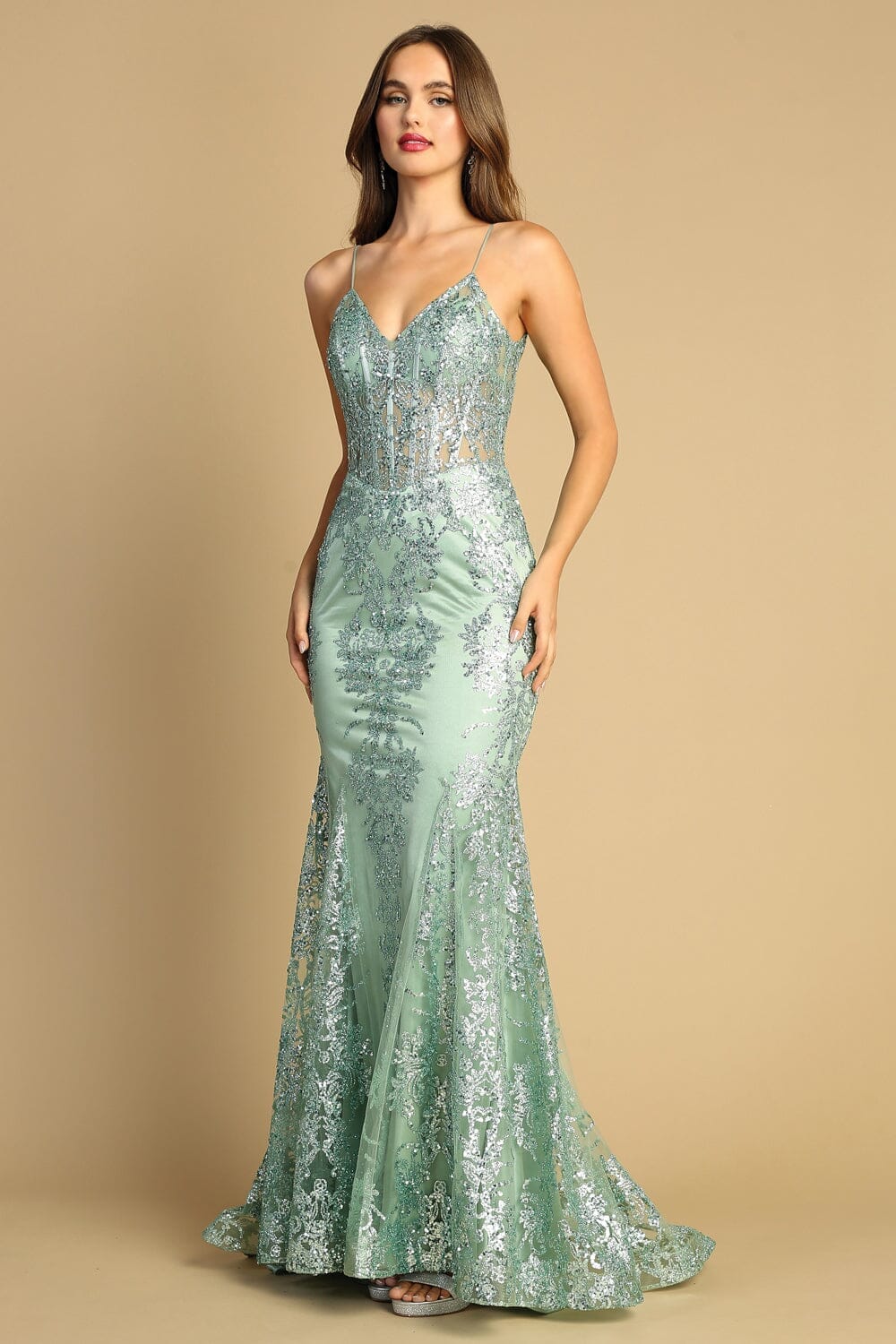 Glitter Print V-Neck Mermaid Dress by Adora 3053N - Outlet