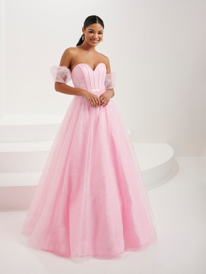 Glitter Strapless Puff Sleeve Gown by Tiffany Designs 16083