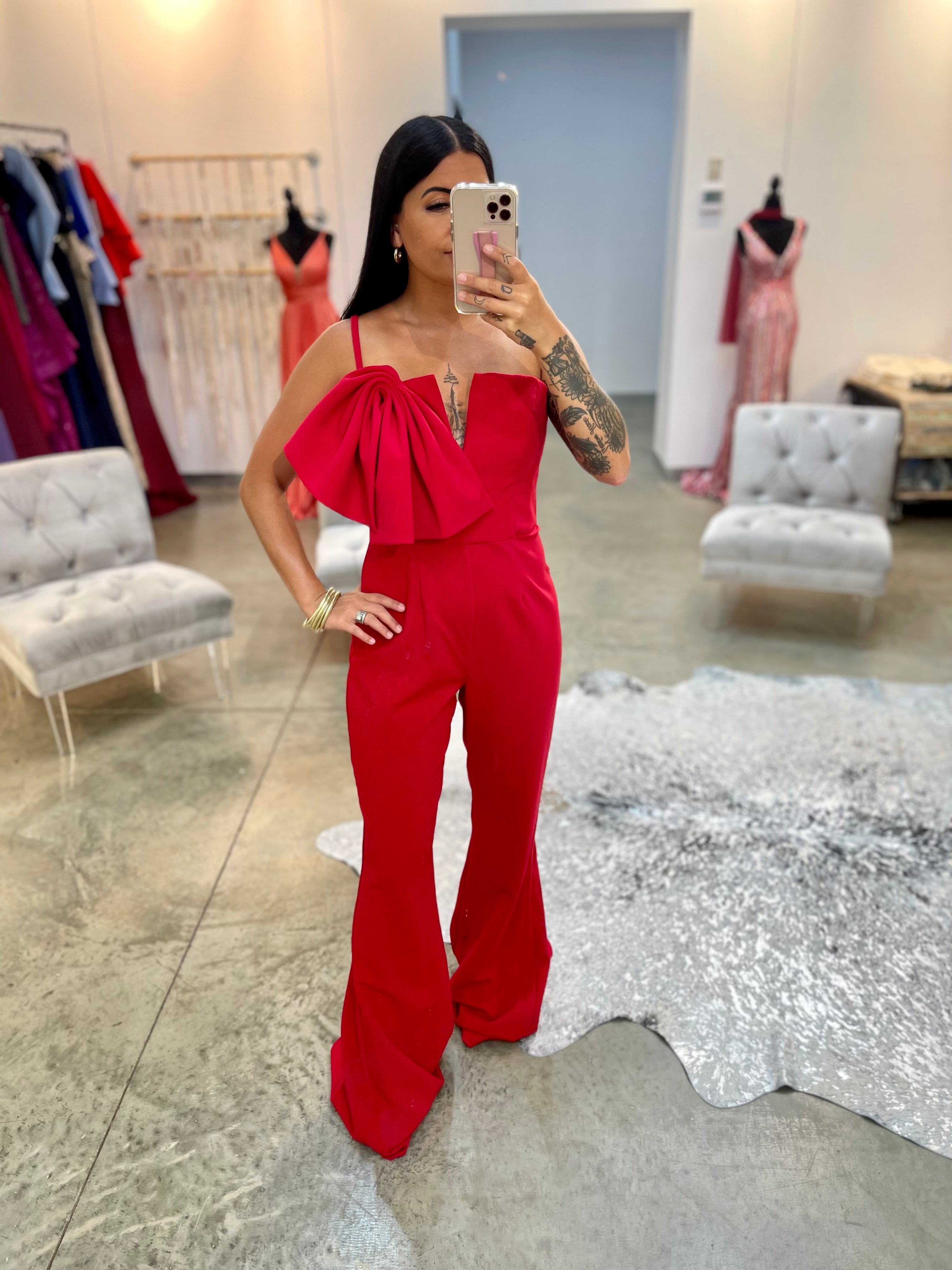 Jovani red jumpsuit hotsell