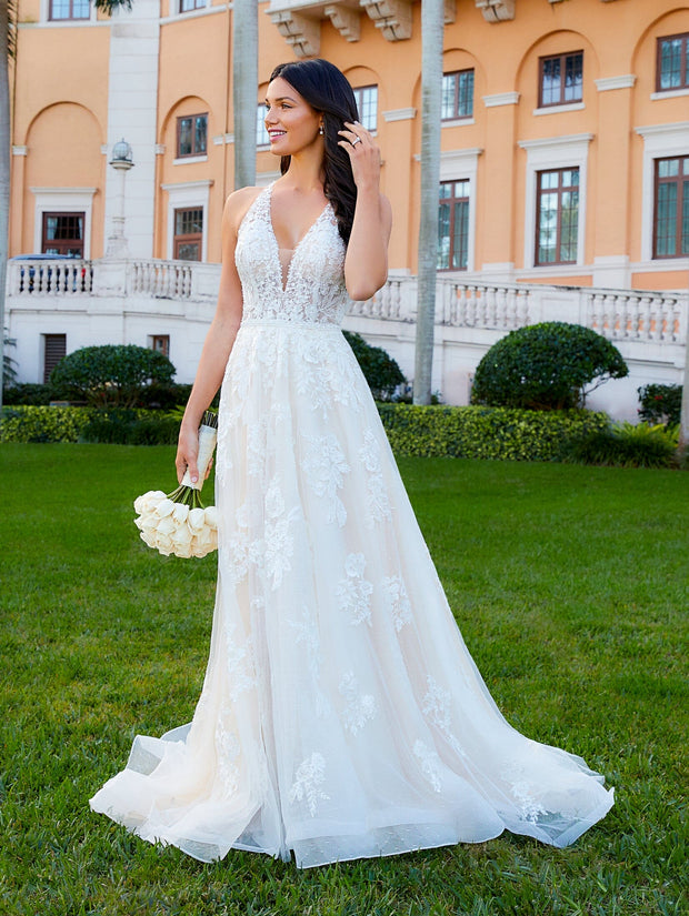Nude Lining Ivory Lace Halter Floor Length Bridal Dresses Ivory