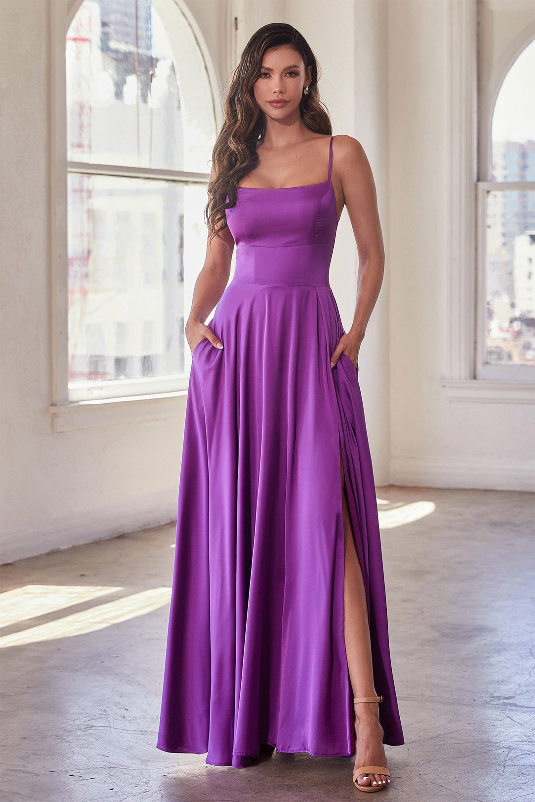 Long Satin Sleeveless A-line Slit Gown by Ladivine B8402