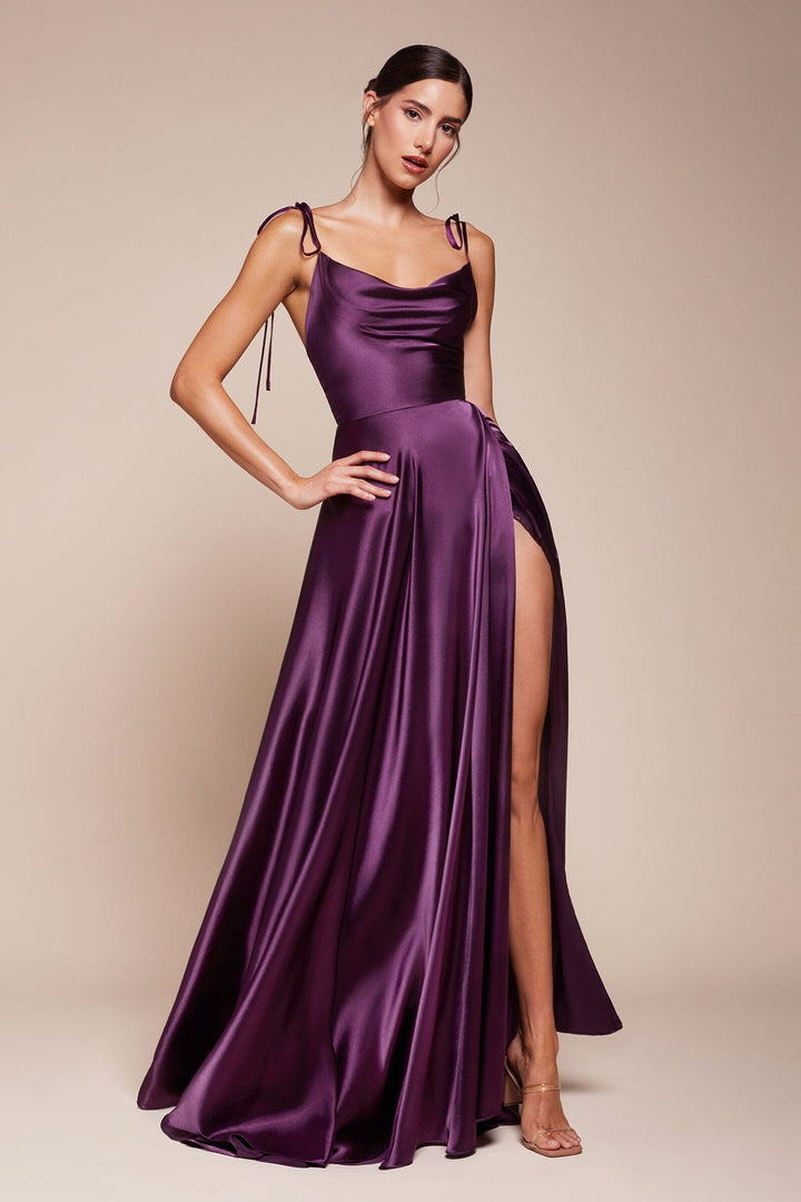 Long Satin Sleeveless Cowl Slit Dress by Ladivine BD104