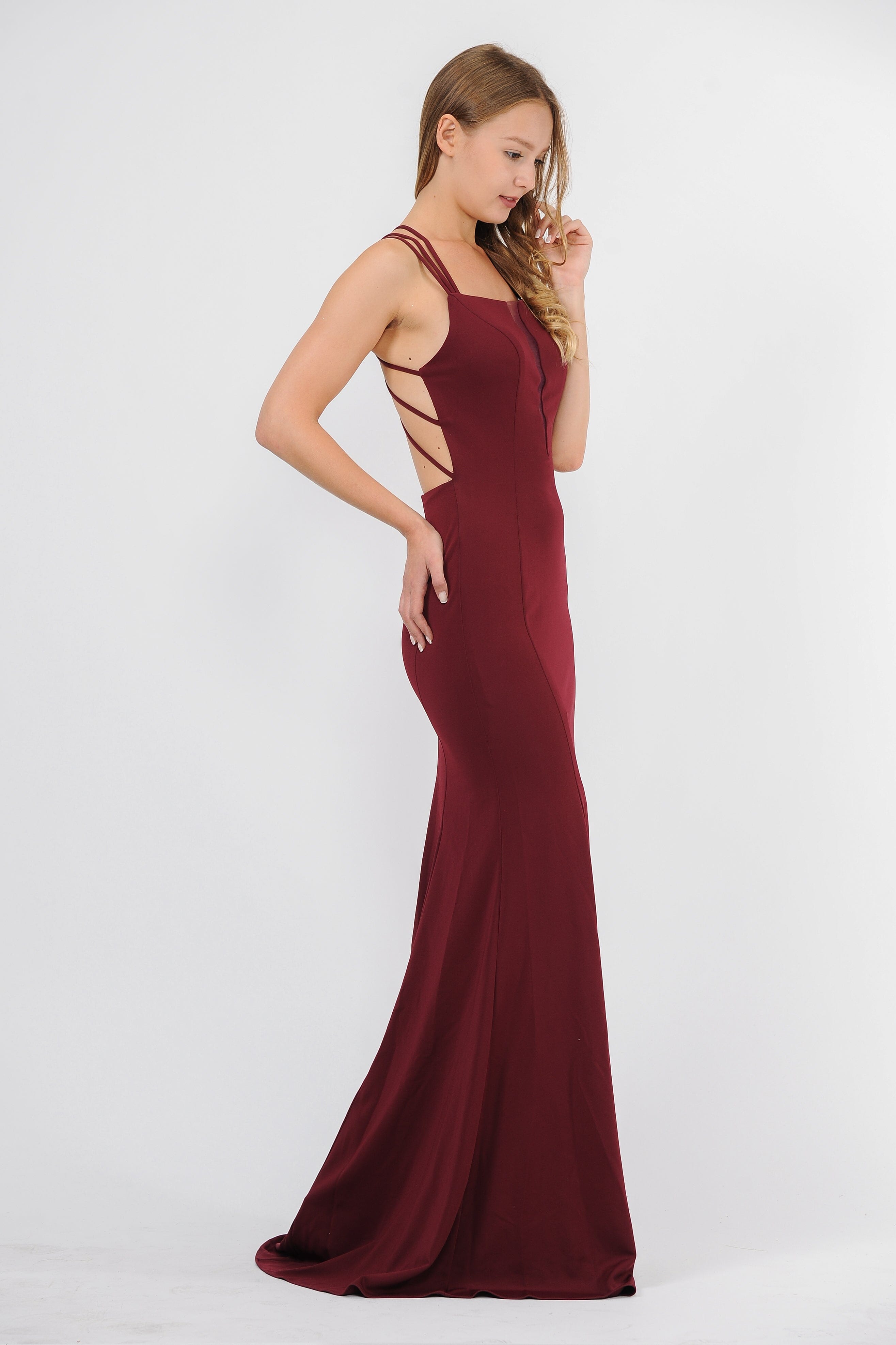 Long Strappy Open Back Dress with Illusion Panel by Poly USA 8468