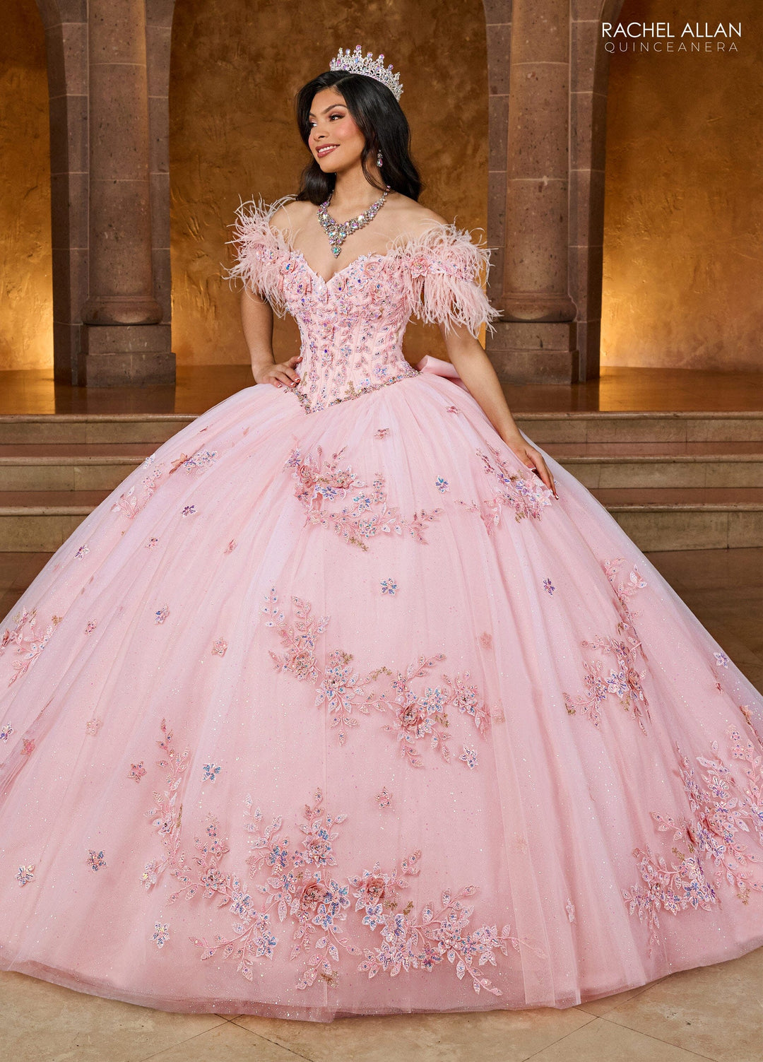 Off Shoulder Feather Quinceanera Dress by Rachel Allan RQ2186