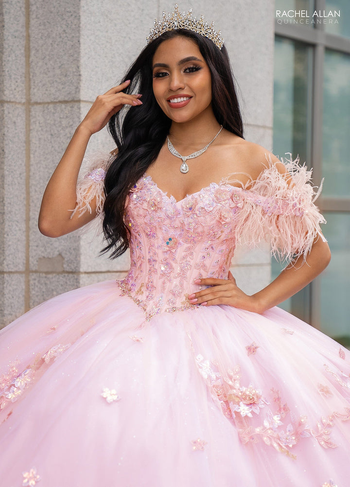 Off Shoulder Feather Quinceanera Dress by Rachel Allan RQ2186