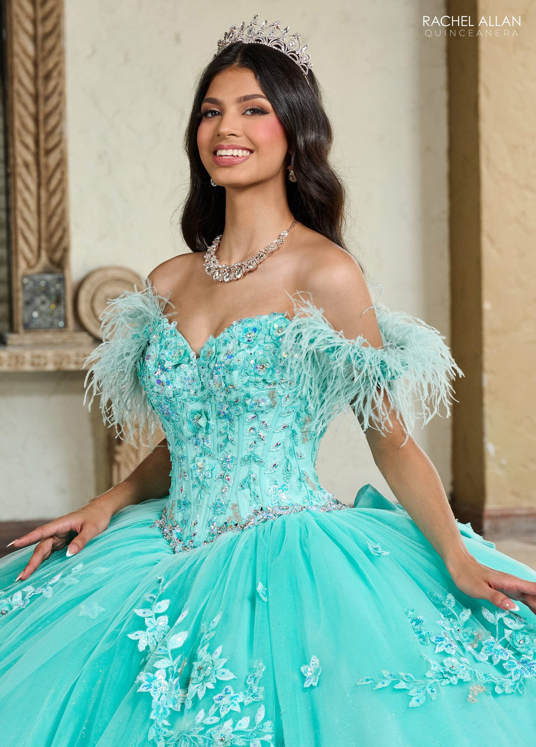 Off Shoulder Feather Quinceanera Dress by Rachel Allan RQ2186