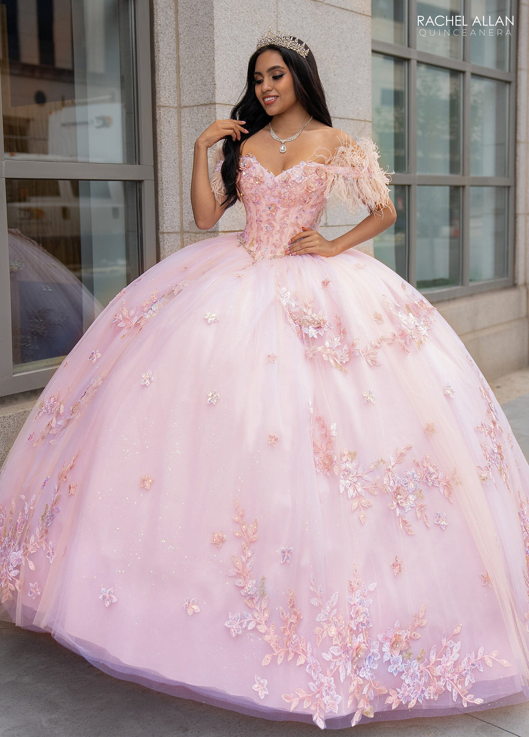 Off Shoulder Feather Quinceanera Dress by Rachel Allan RQ2186