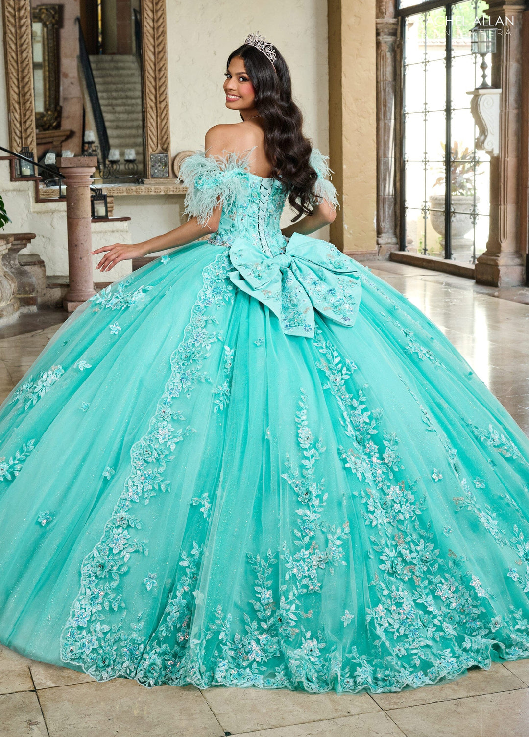 Off Shoulder Feather Quinceanera Dress by Rachel Allan RQ2186