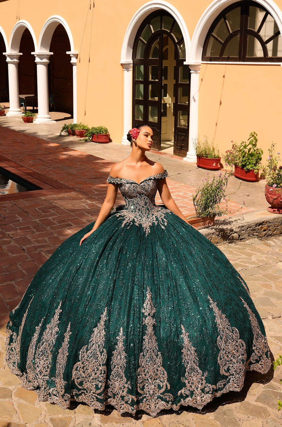 Off Shoulder Hooded Cloak Quinceanera Dress by Amarra 54324