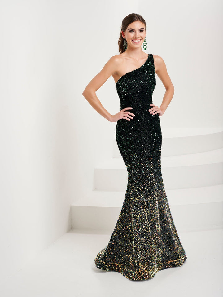 Ombre Sequin One Shoulder Gown by Tiffany Designs 16089