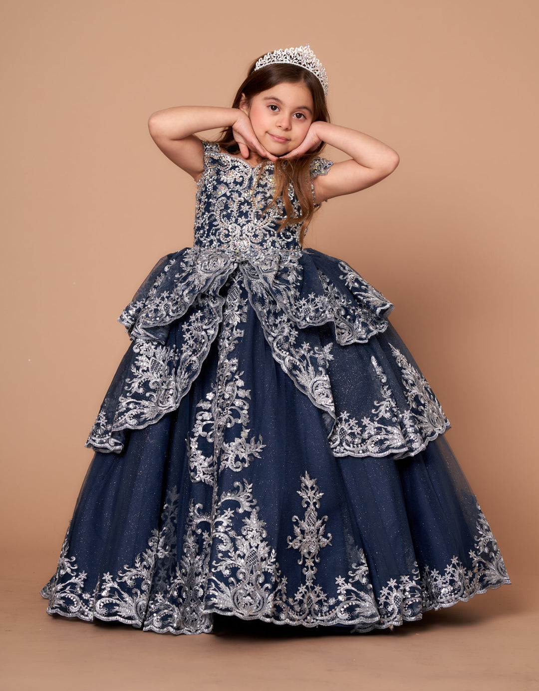 Girls Applique Off Shoulder Layered Gown by Calla WB102