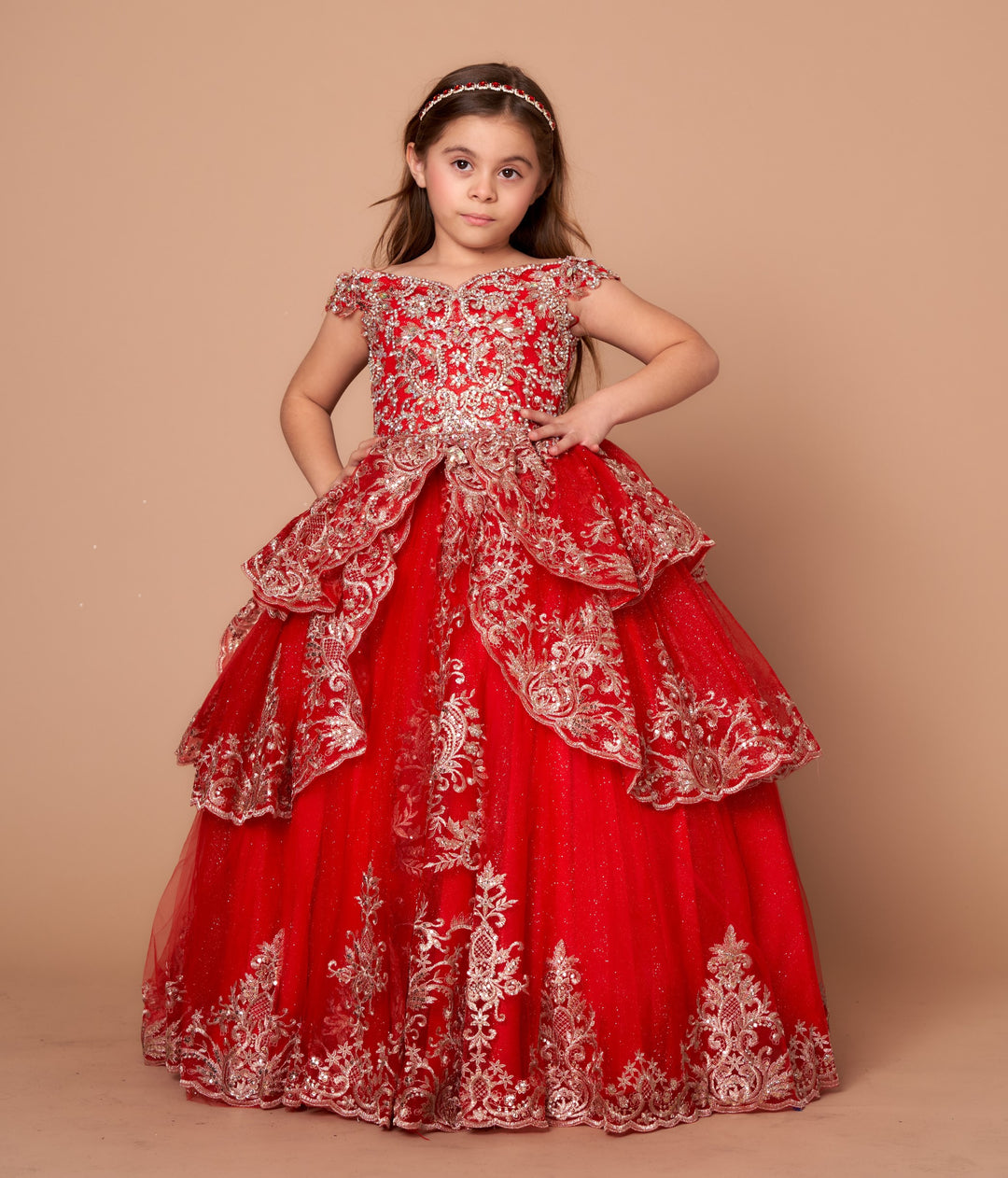 Girls Applique Off Shoulder Layered Gown by Calla WB102