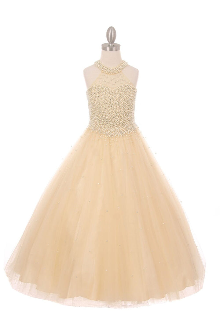 Pearl Beaded Halter Ball Gown by Cinderella Couture 5055