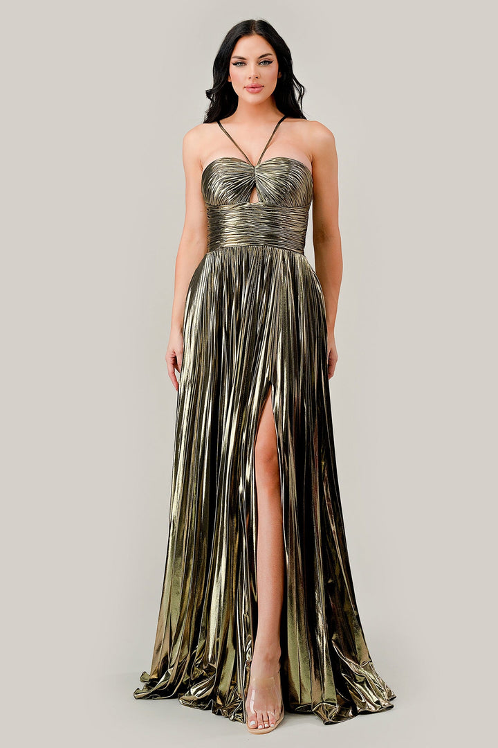 Pleated Halter Metallic Lame A-line Slit Gown by Ladivine C153