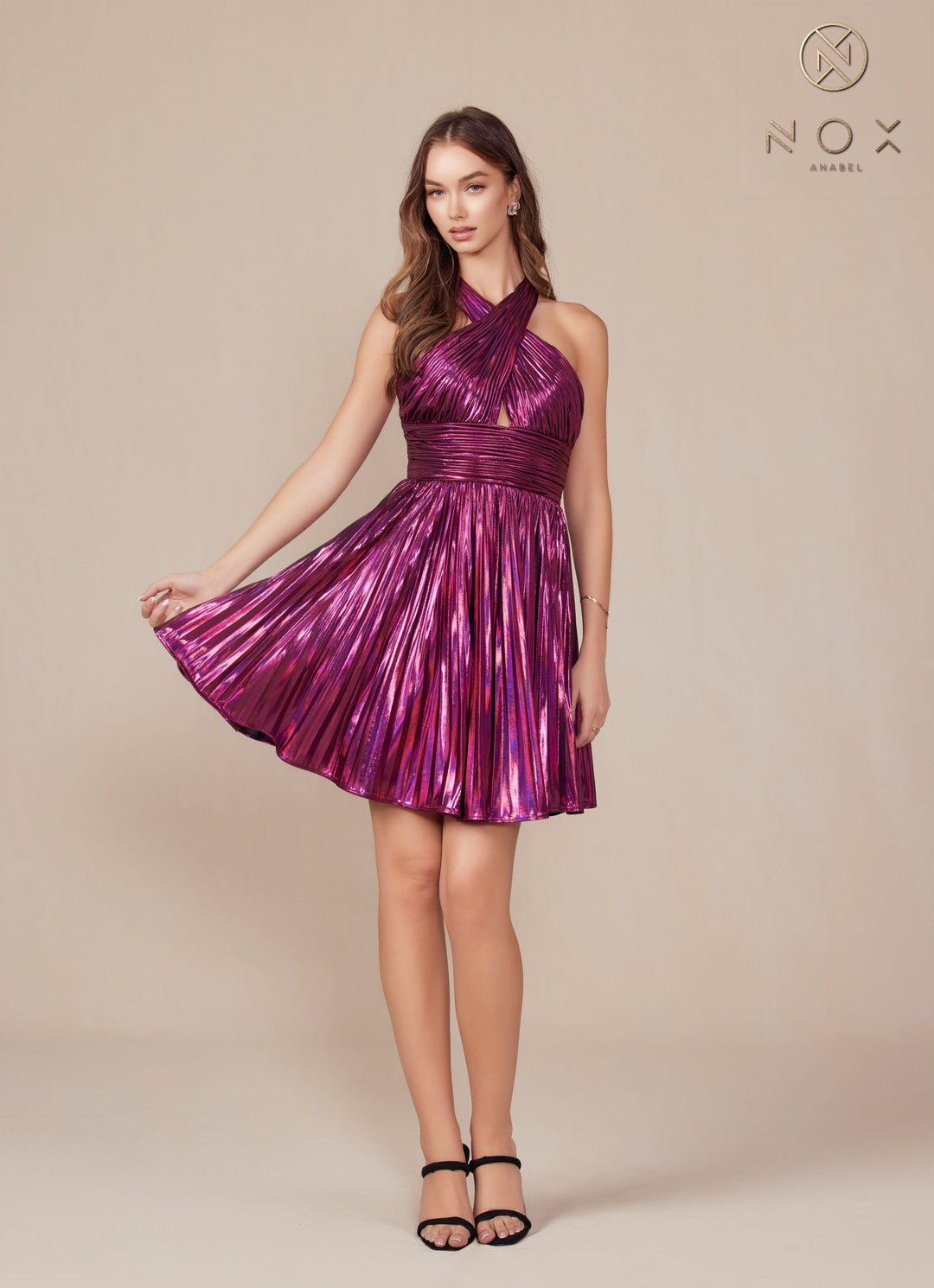 Pleated Short Metallic Halter Dress by Nox Anabel K822