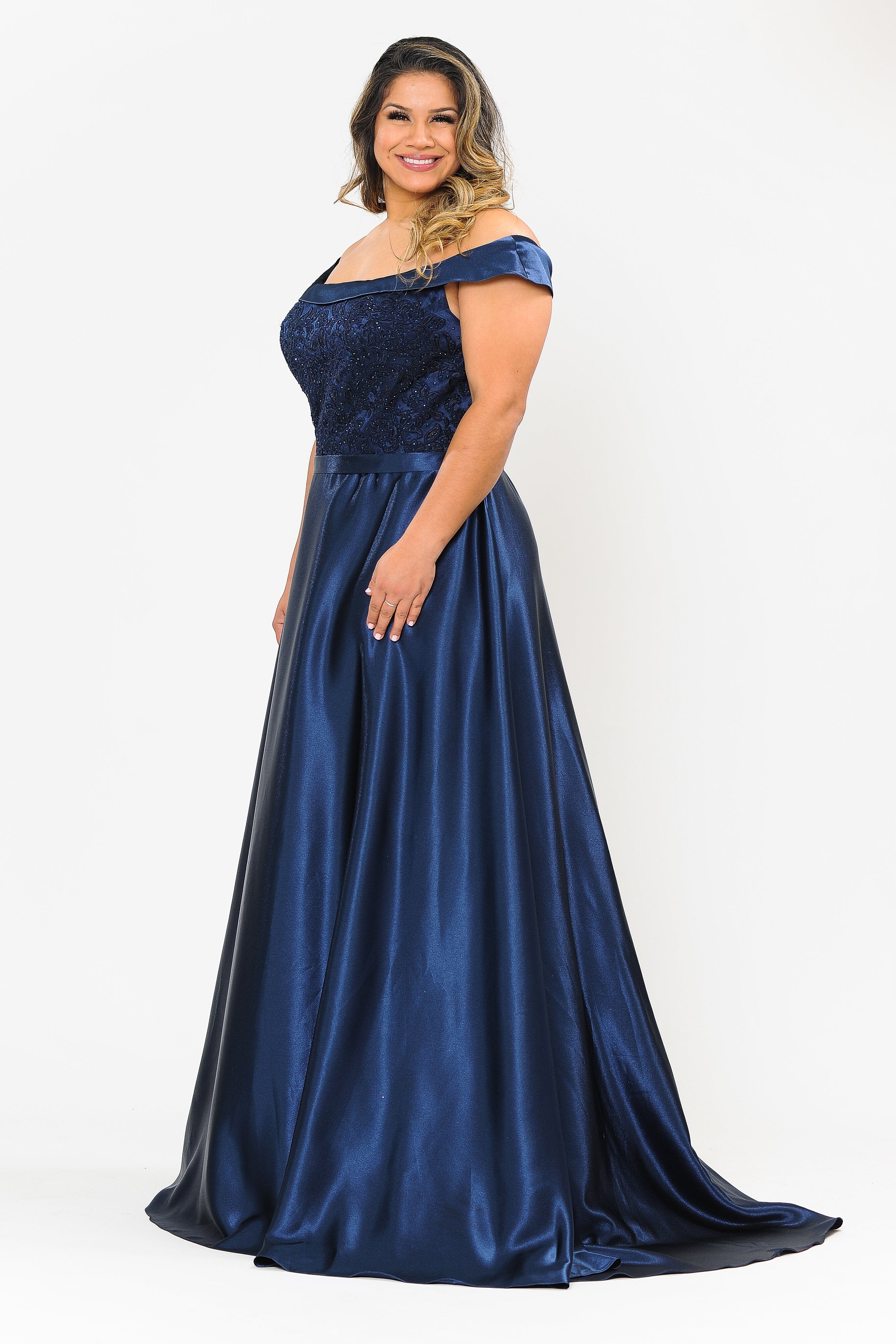 Plus size fashion navy blue off the shoulder dress