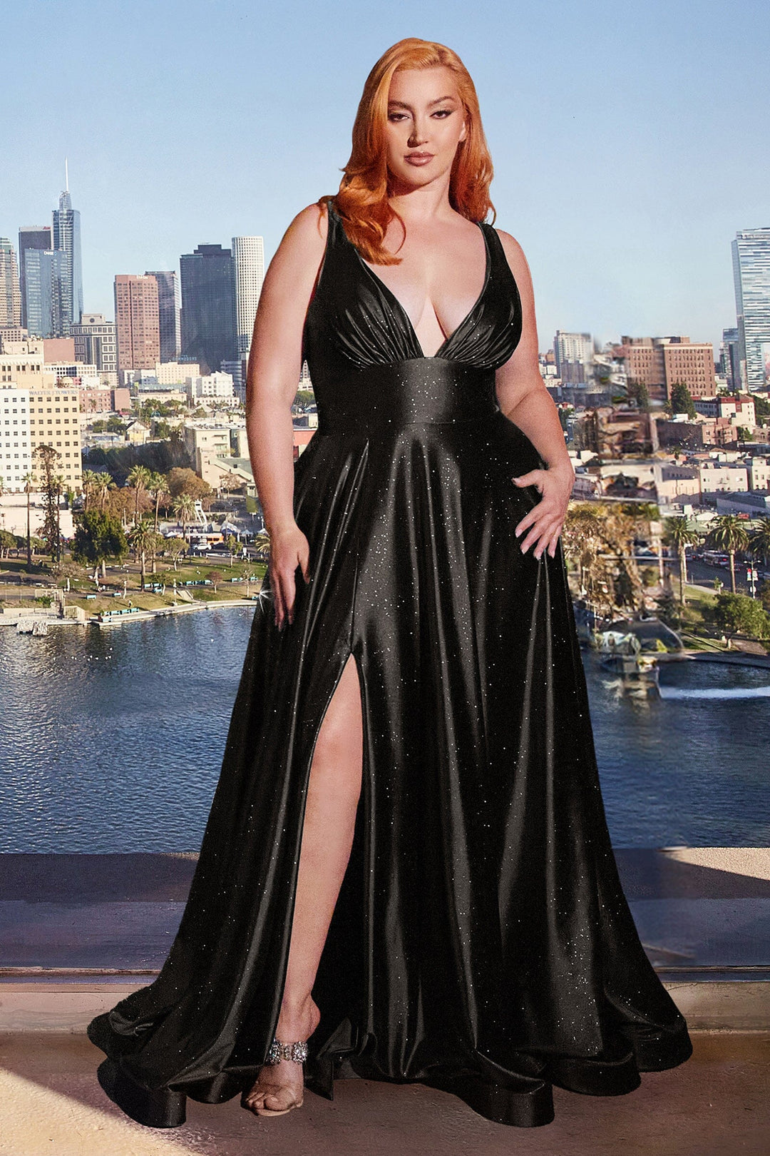 Plus Size Glitter Satin Sleeveless Gown by Ladivine CC2349C