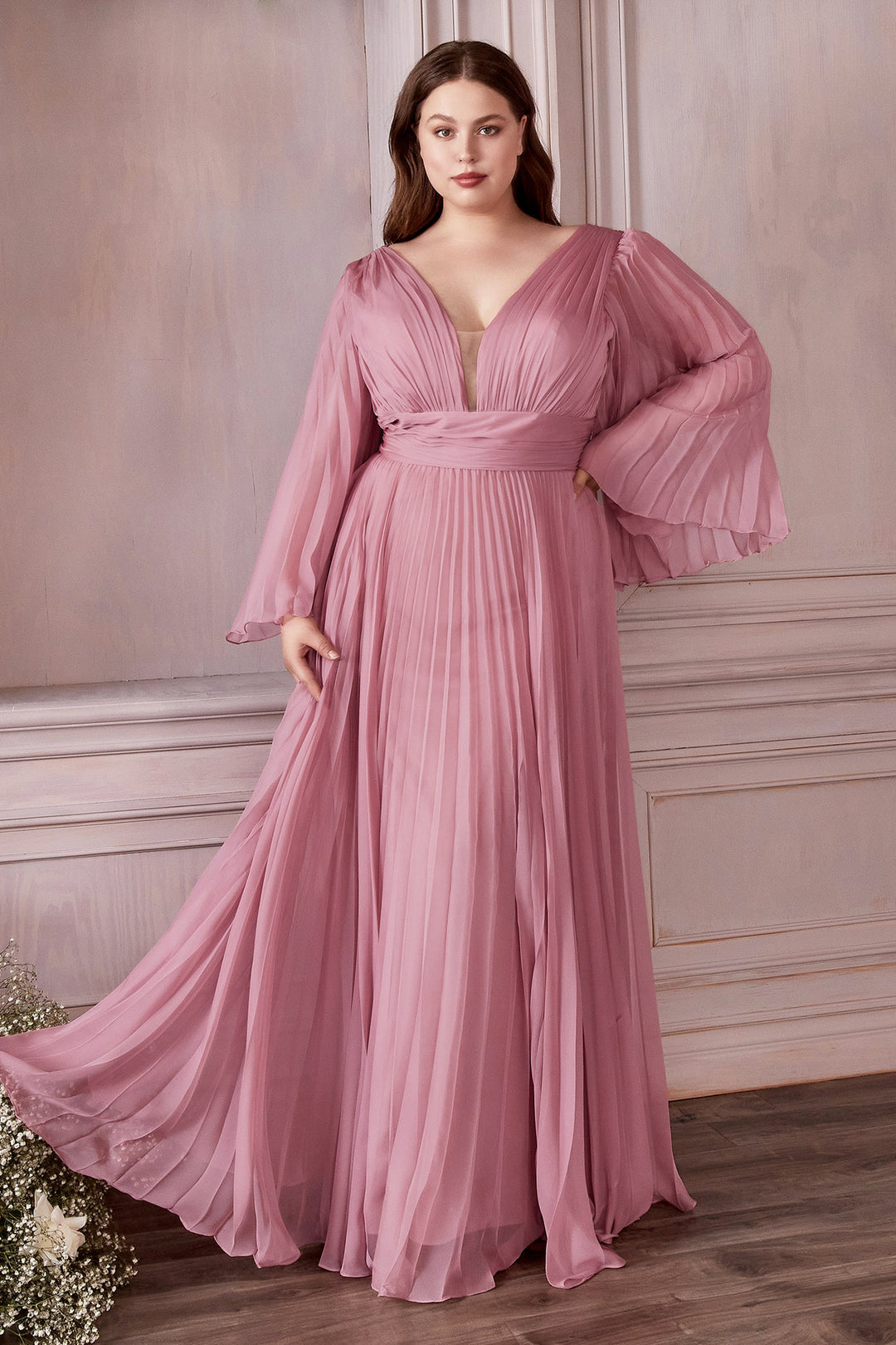 Plus Size Pleated Bell Sleeve Gown by Cinderella Divine CD242C - Outlet