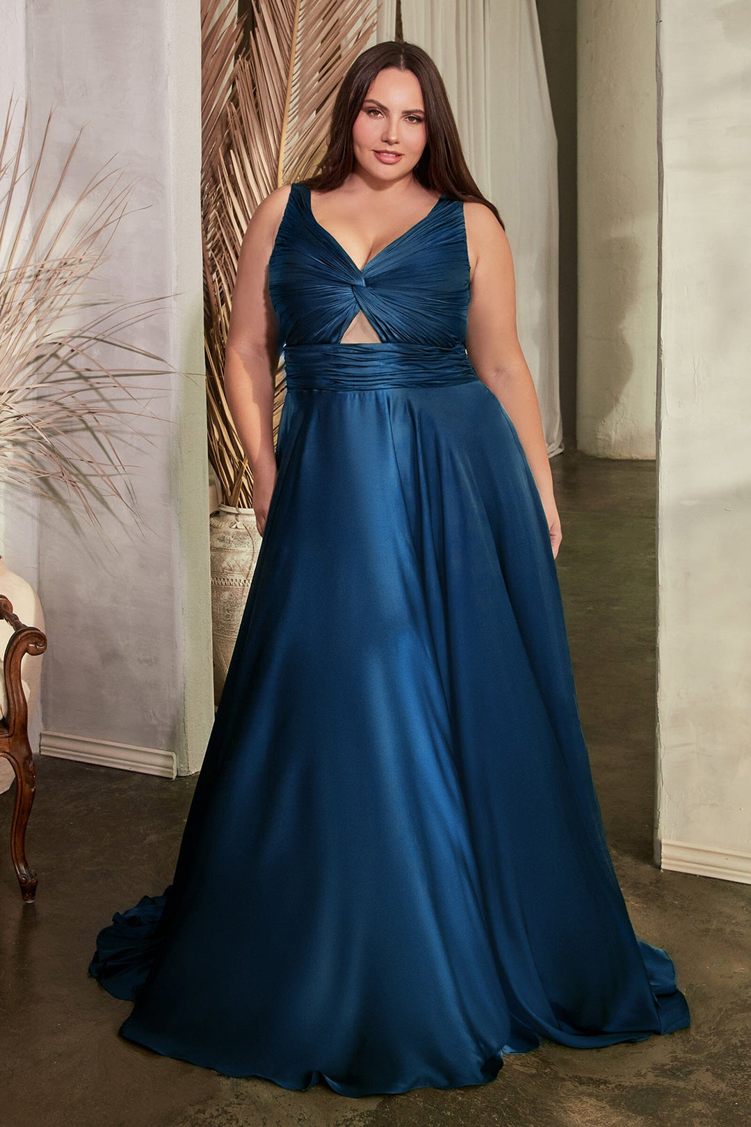 Plus Size Satin Sleeveless Keyhole Gown by Ladivine 7497C