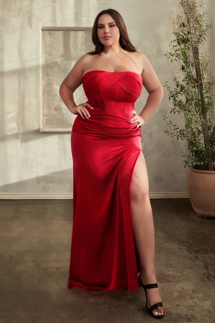 Plus Size Satin Strapless Corset Slit Gown by Ladivine CD326C