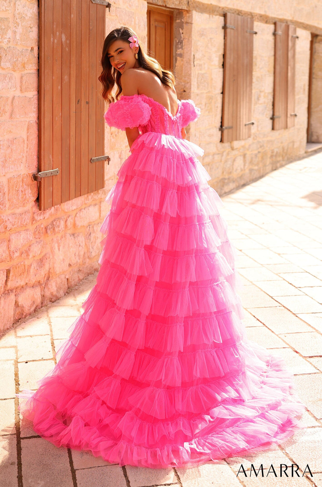 Puff Sleeve Tiered Slit Tulle Ball Gown by Amarra 94000