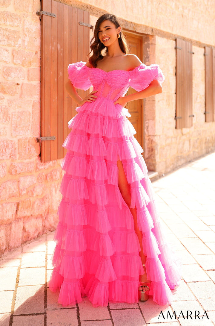 Puff Sleeve Tiered Slit Tulle Ball Gown by Amarra 94000