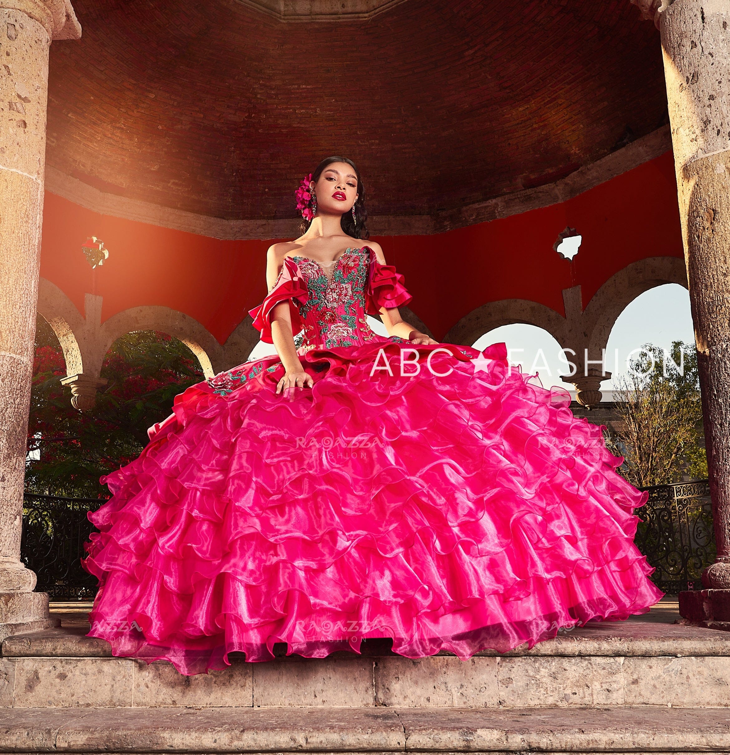 Ruffled Floral Charro Quinceanera Dress by Ragazza M44 144