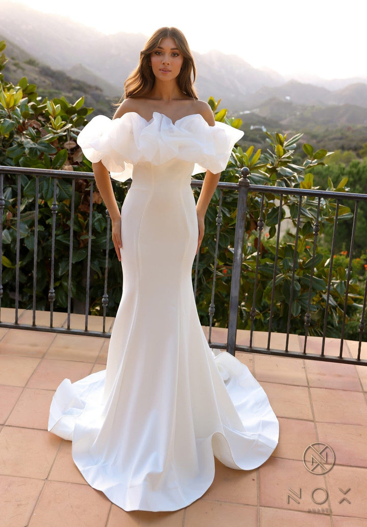 Ruffled Off Shoulder Bridal Mermaid Gown by Nox Anabel JW984