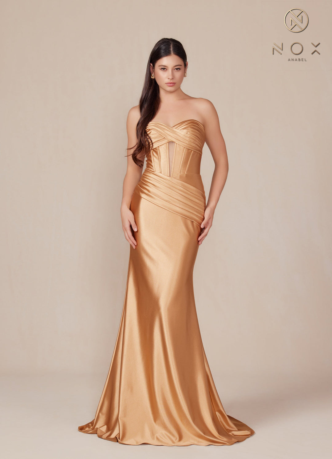 Satin Fitted Strapless Corset Gown by Nox Anabel T1500