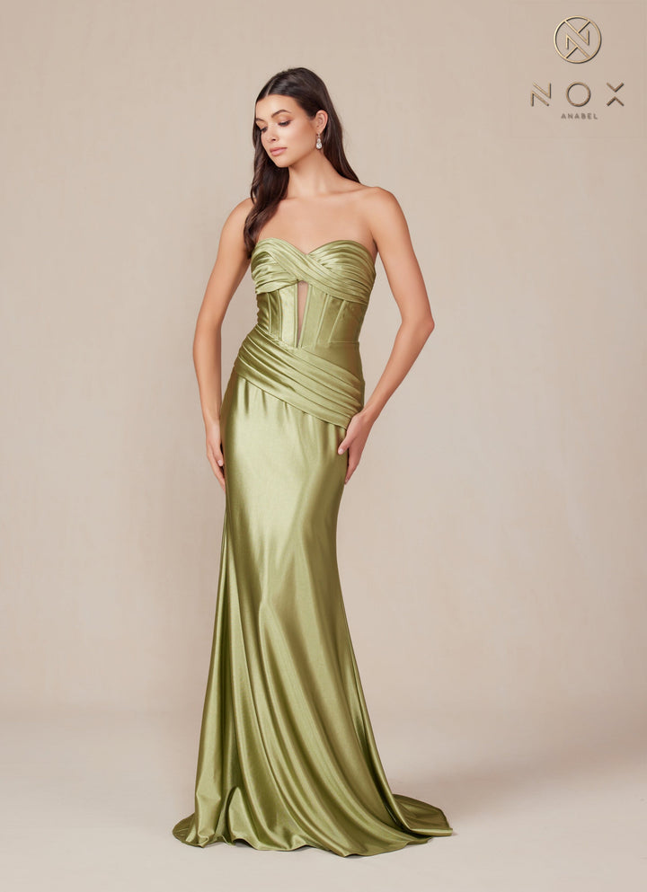 Satin Fitted Strapless Corset Gown by Nox Anabel T1500