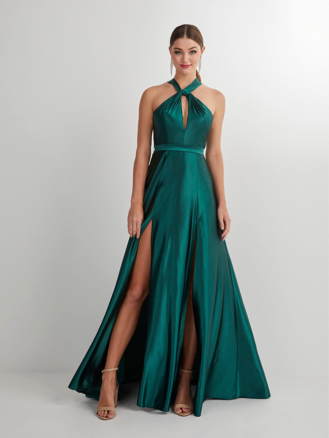 Satin Halter Keyhole A-line Slit Gown by Studio 17 12902