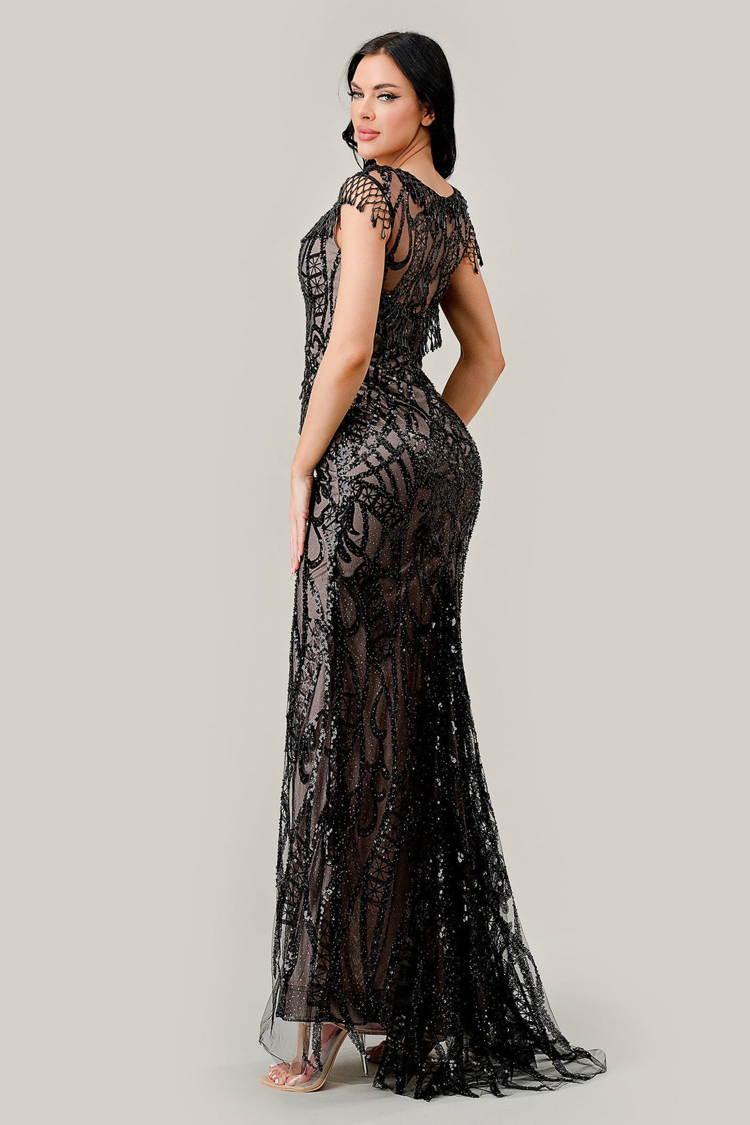 Sequin Fringe Cap Sleeve Slit Gown by Ladivine CC4007