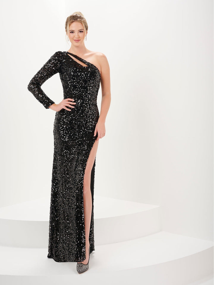 Sequin One Shoulder Long Sleeve Gown by Tiffany Designs 16053