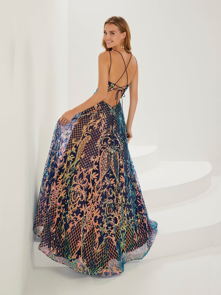 Sequin Print Illusion V-Neck Gown by Tiffany Designs 16951