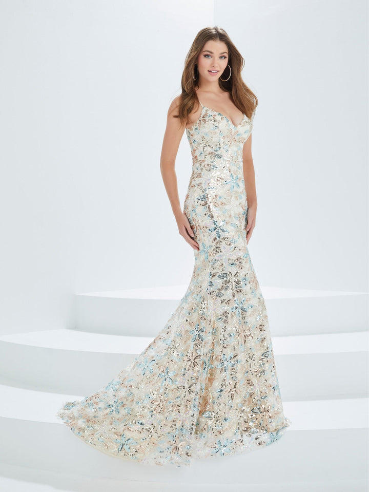 Sequin Print V-Neck Mermaid Dress by Tiffany Designs 16028