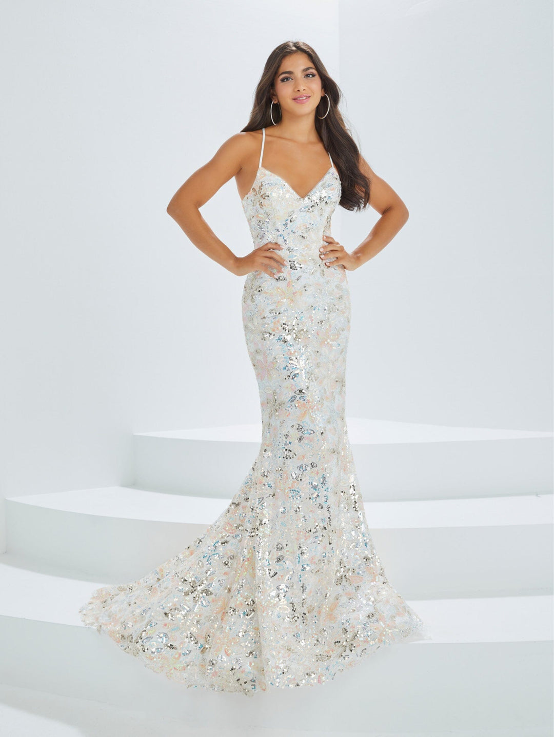 Sequin Print V-Neck Mermaid Dress by Tiffany Designs 16028