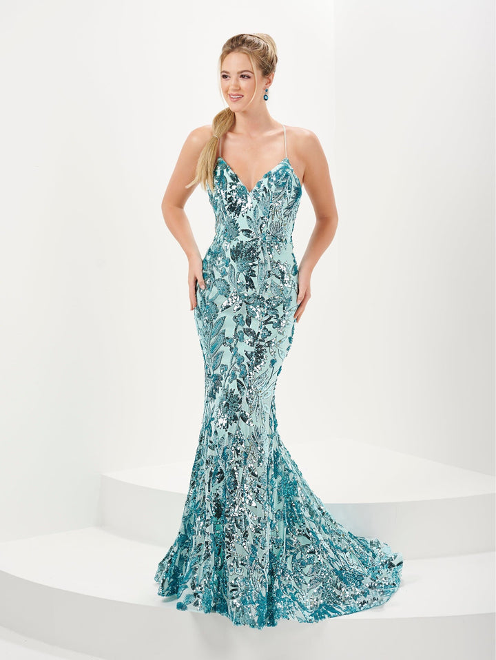 Sequin Print V-Neck Mermaid Dress by Tiffany Designs 16077