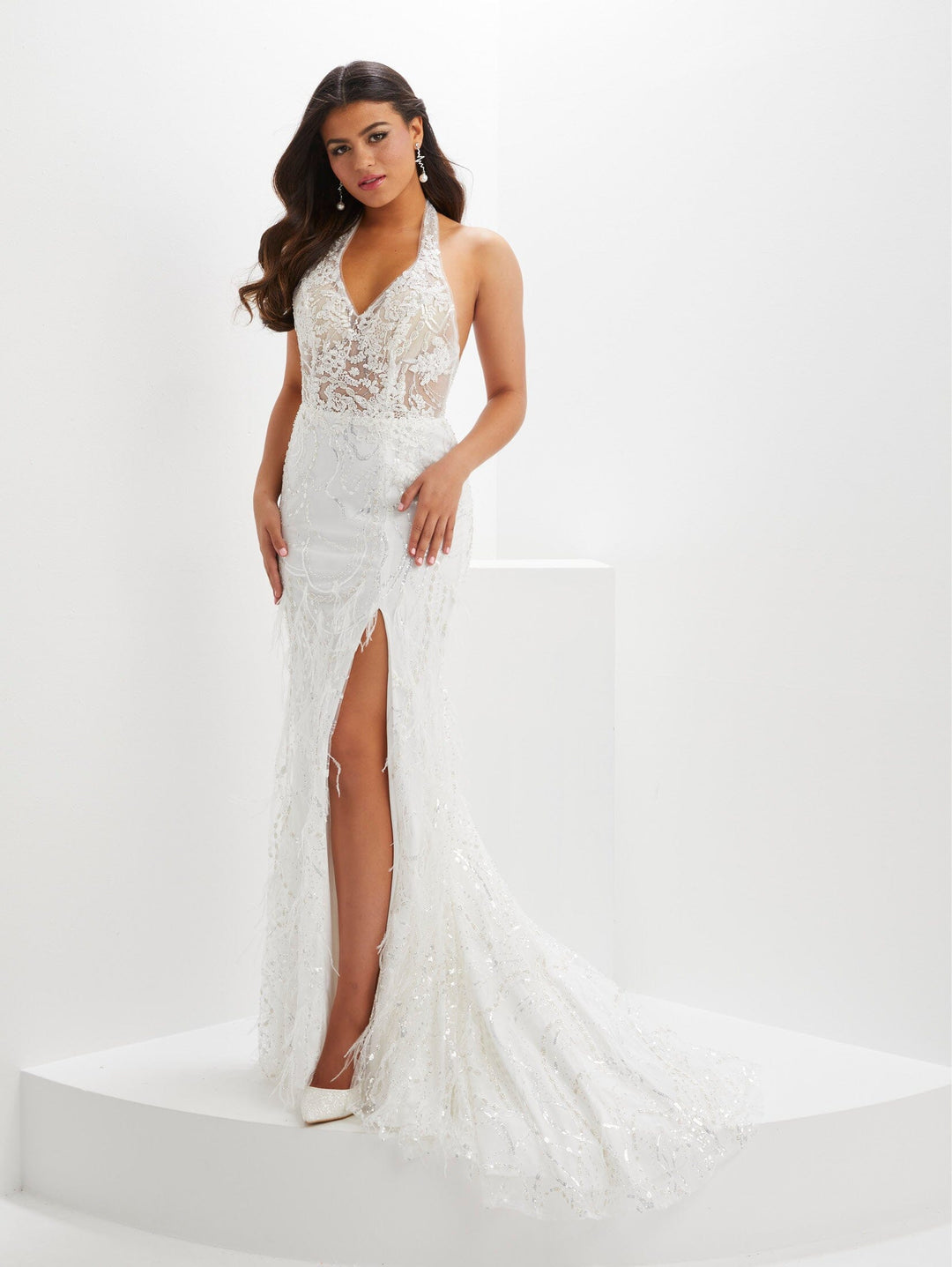 Sequin Sheer Halter Feather Slit Gown by Panoply 14144