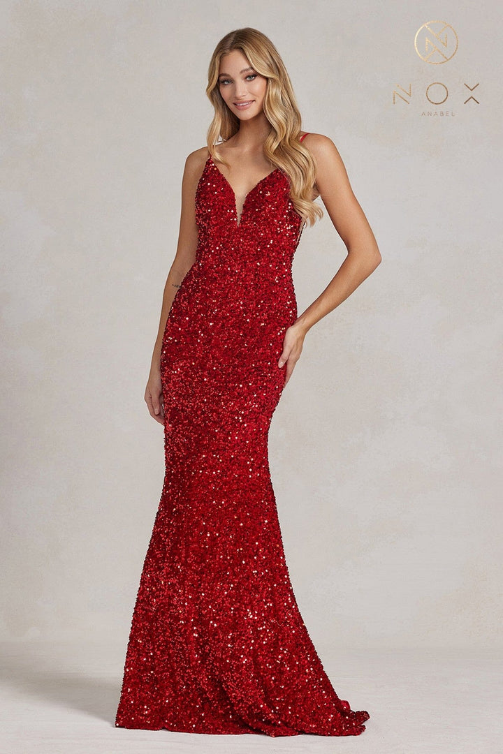 Sequin V-Neck Mermaid Gown by Nox Anabel R1071 - Outlet