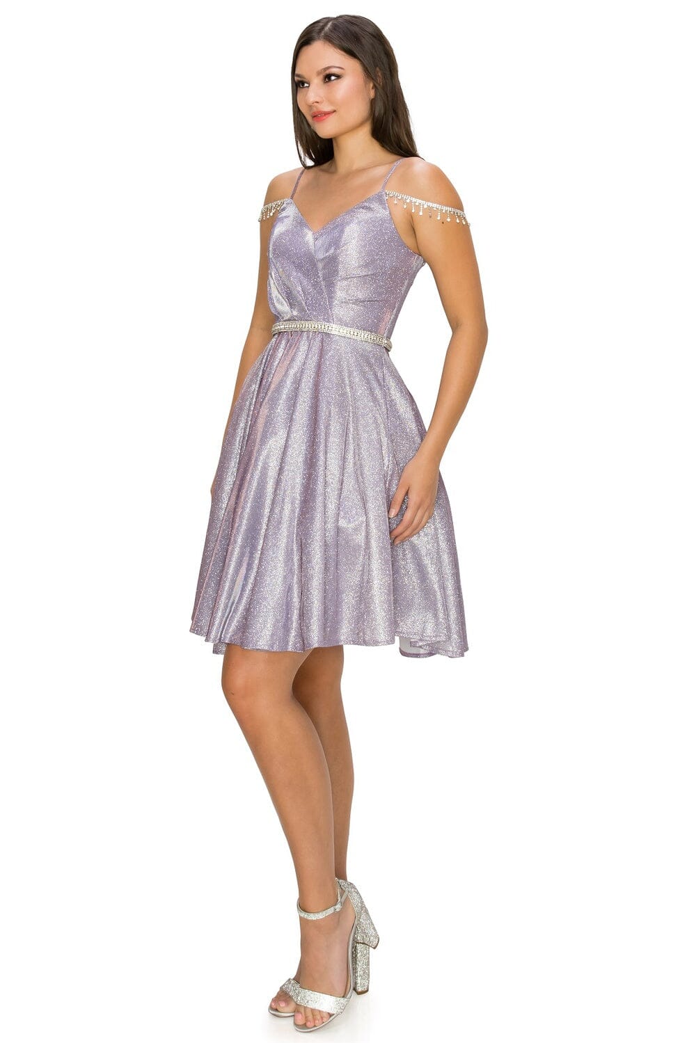 Short Beaded Metallic Glitter Dress by Cinderella Couture 8014J