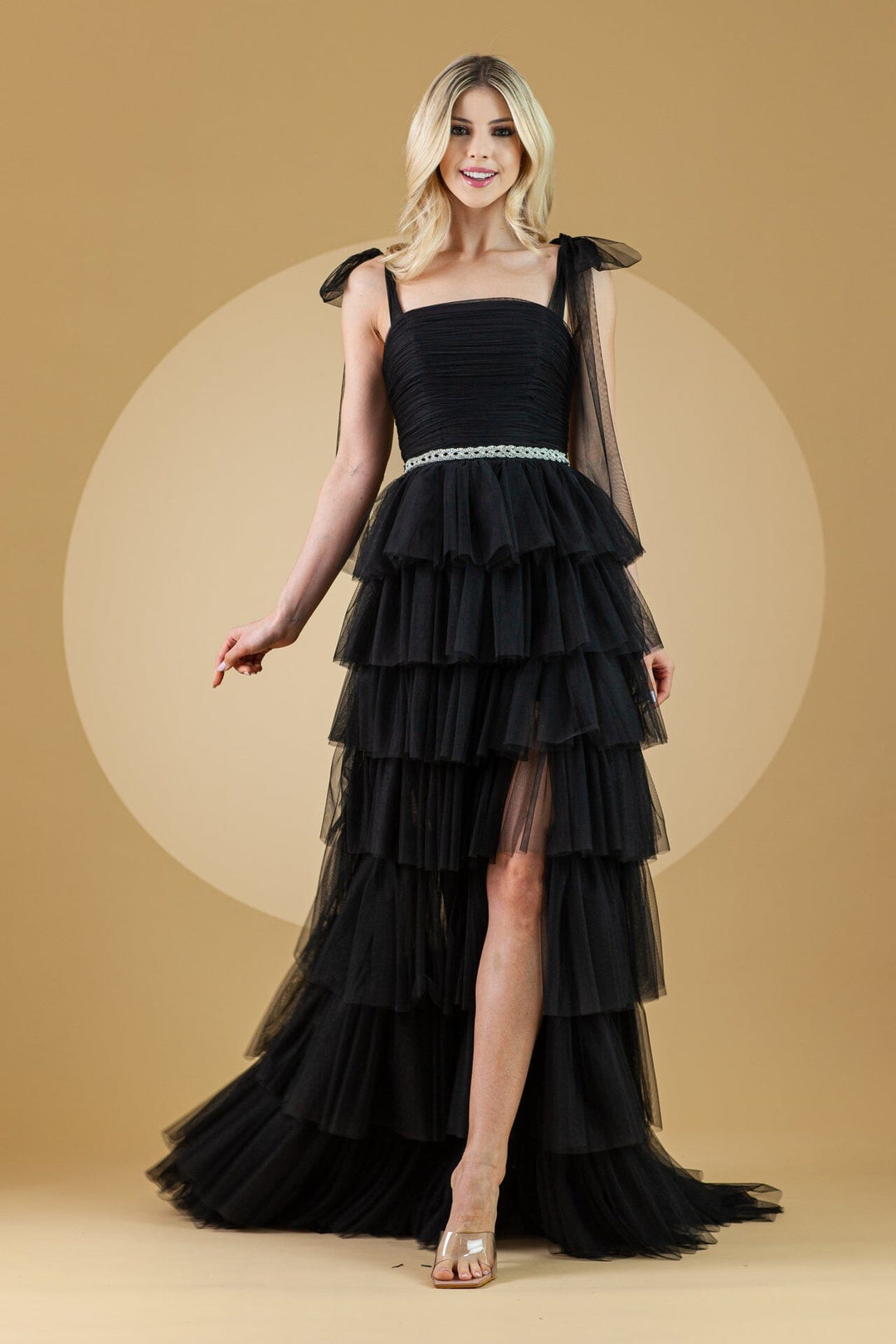 Sleeveless Tiered Ruffled Slit Gown by Amelia Couture 6125