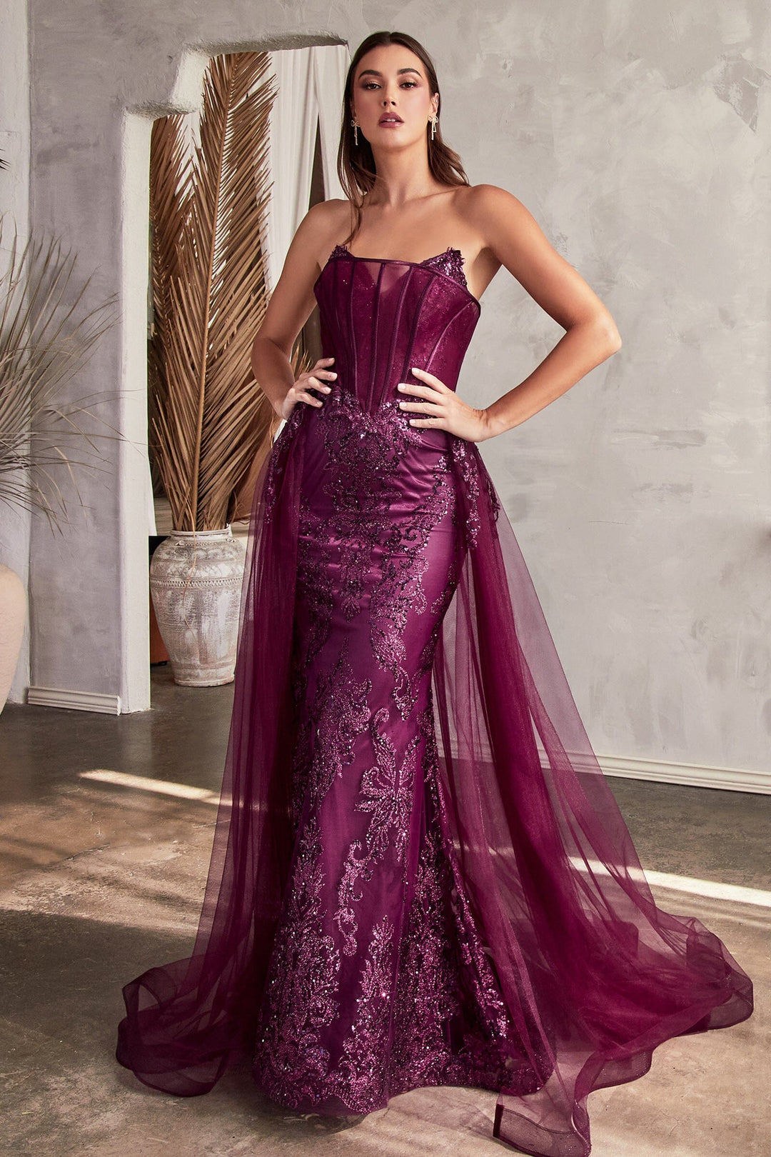 Strapless Glitter Print Overskirt Gown by Ladivine J858