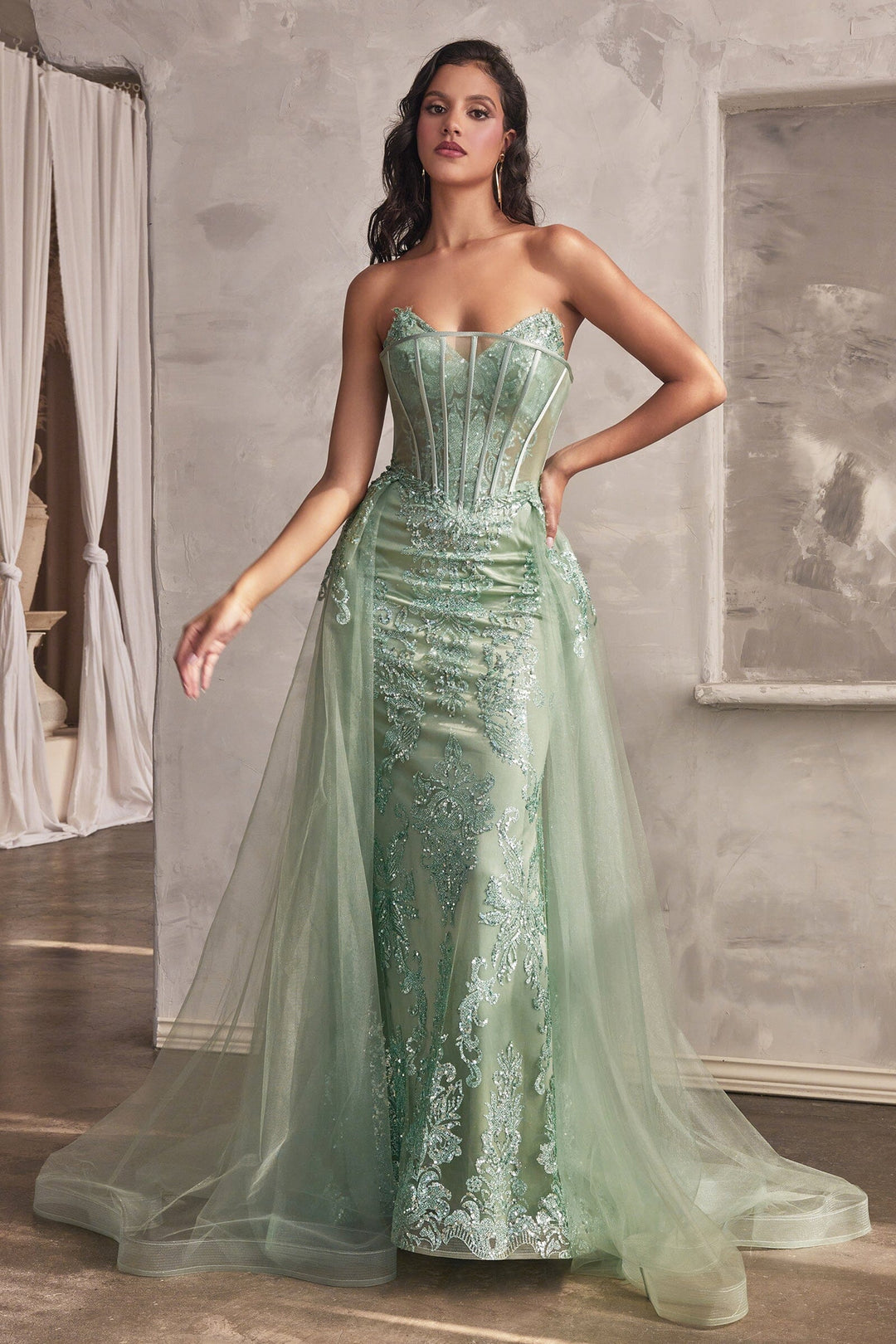 Strapless Glitter Print Overskirt Gown by Ladivine J858