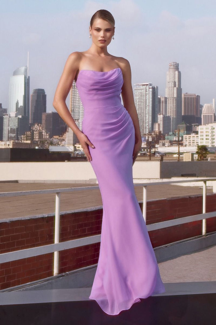 Chiffon Fitted Long Strapless Dress by Ladivine T702