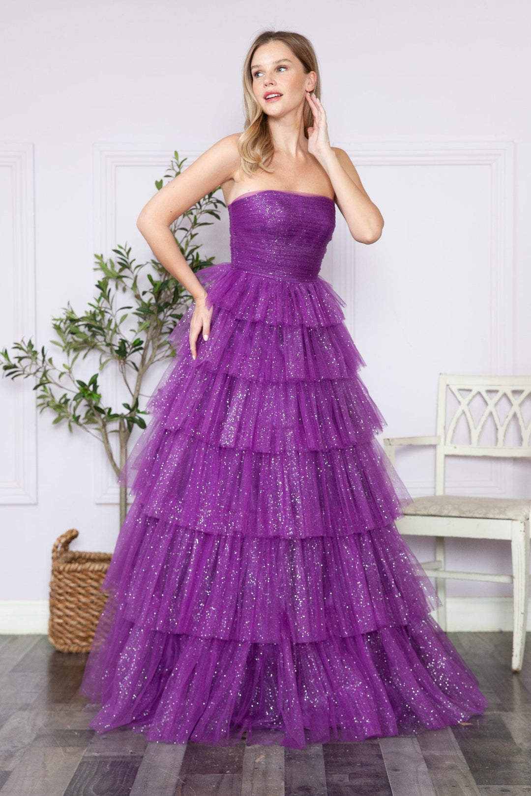 Tiered Strapless Glitter A-line Gown by Poly USA 9386