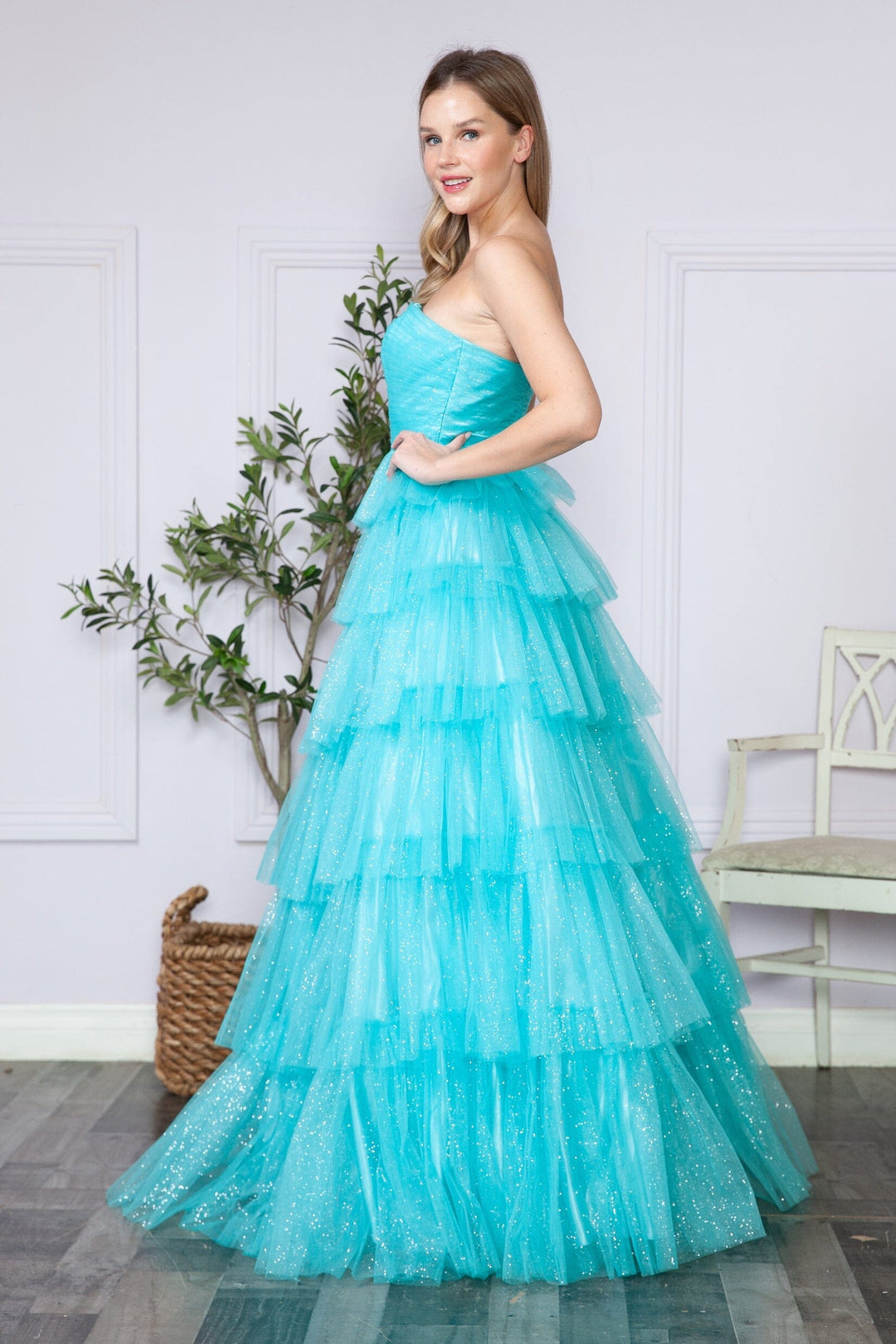 Tiered Strapless Glitter A-line Gown by Poly USA 9386