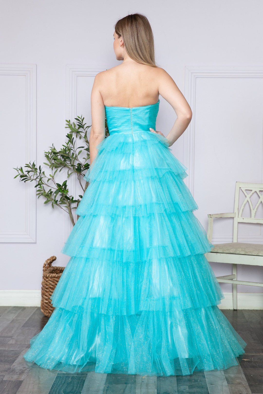 Tiered Strapless Glitter A-line Gown by Poly USA 9386