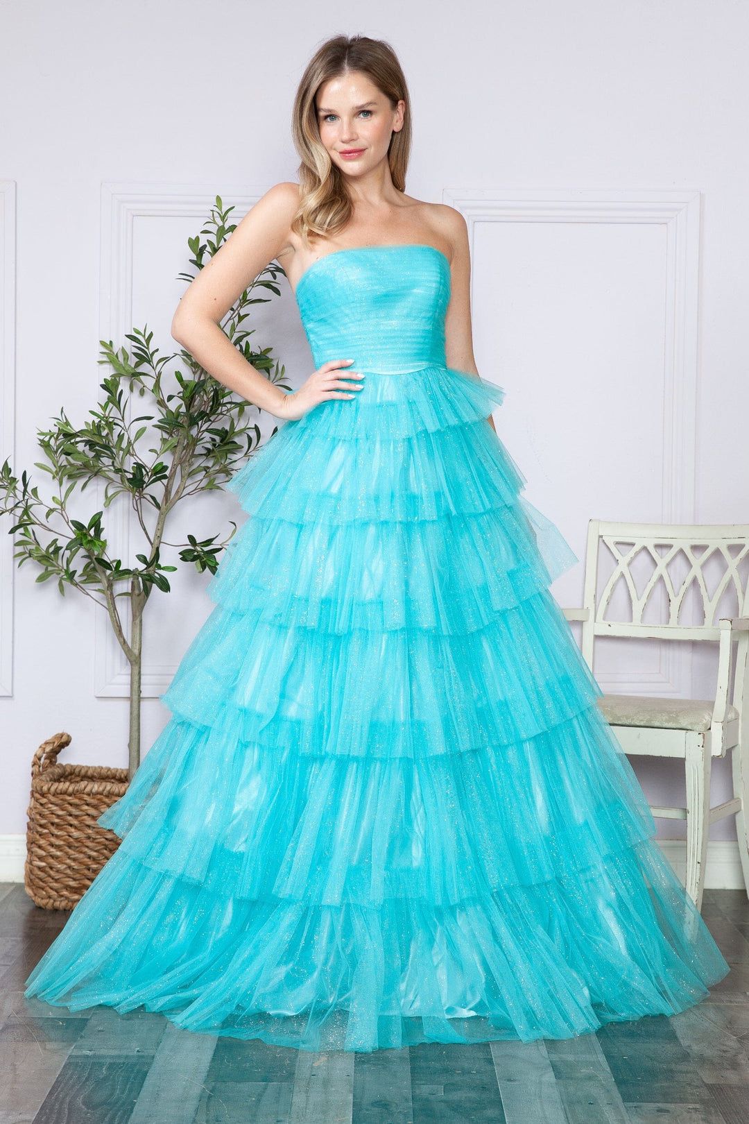 Tiered Strapless Glitter A-line Gown by Poly USA 9386