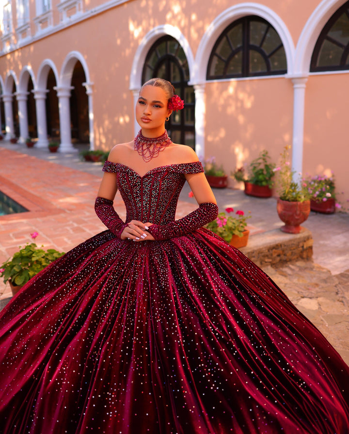 Velvet Off Shoulder Quinceanera Dress by Amarra 54257