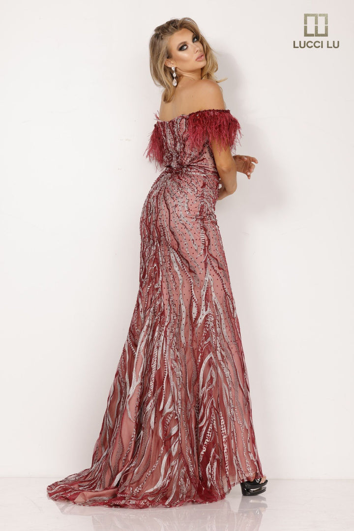 Feather Off Shoulder Slit Gown by Lucci Lu 1203